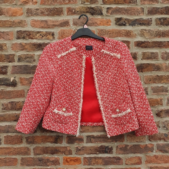 M&S Red Boucle Fringed Classic Jacket Uk12. - Picture 12 of 14